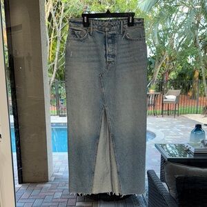 High-Waisted Denim Maxi Skirt with Frayed Hem & Slit